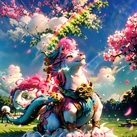 
Masterpiece, high-quality, Pixar animated style, a cute Chinese dragon, cape, with a brilliant smile. Cotton candy material, its tail is like a cloud, and a rainbow cloud floats on its head. Pink flowers, pink sky, soft light, POV perspective, rich details, realistic details, light blue or light red, strong close-up, surrealistic illustrations, , sparkling dress
