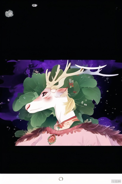 red mouth ,brown eyes .long  eyelashes,blond hair,long antlers,pink clothes,beautiful  female