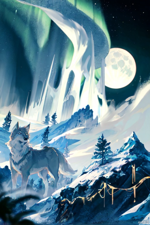  Wolf king, a bright moon, the mountain top, the wind howling, the sea of clouds surging, blue eyes, gray hair, the sky howling, aurora flashing, regal demeanor, overweening