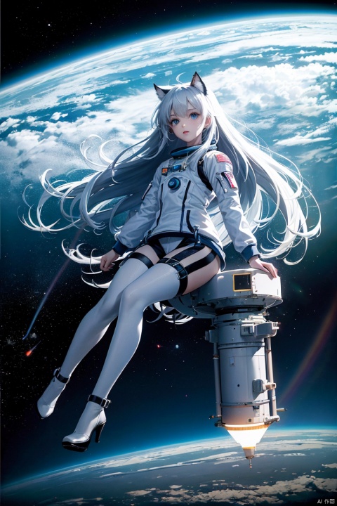  1girl, long hair, bangs, blue eyes, white hair, floating hair,An astronaut looking for a door in space, silver and cyan colors, baroque sci-fi, digital neon, 8K resolution style, spectacular background, surrealism, HD