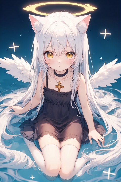  white hair,yellow eyes,looking up,stockings,long hair,hime cut,messy hair,floating hair,demon wings,halo,cross necklace,holy,divinity,shine,holy light,cat girl,(loli),(petite),solo,