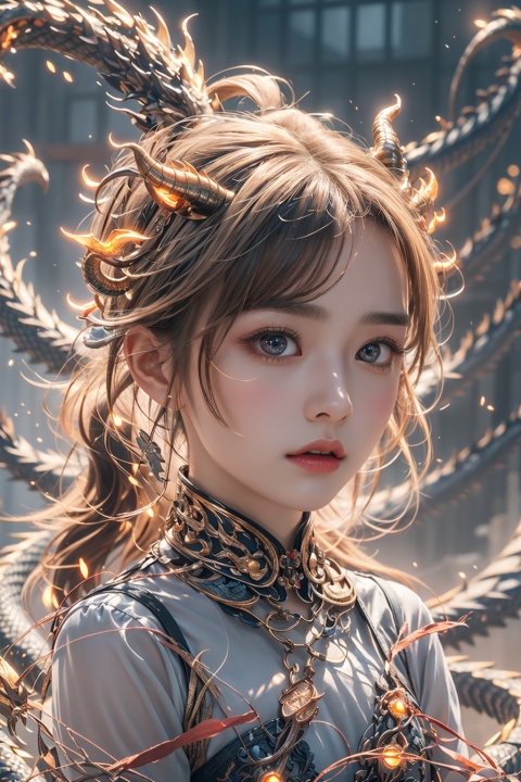  1girl,best quality,masterpiece,reflective light,raytracing,Depth of field,looking at viewer,expressionless,glow eyes,shiny hair,delicate face,dragon,dragon woman,dragonhorns,dragon龙王