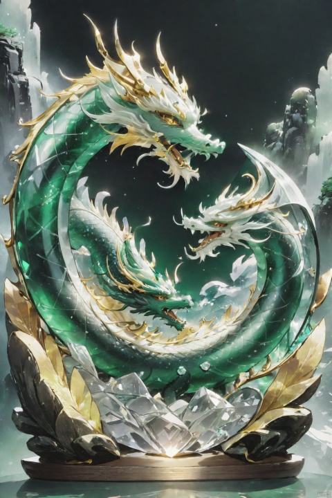 Translation support provided by wechat
(Masterpiece, top quality, Best quality, Official Art, Beauty and Aesthetic: 1.2), Dragon, made of emerald, carved in gold, model, very pretty, aesthetic, crystal, surface polished with natural gloss, very transparent and beautiful, emerald material龙凤双飞眼睛晶莹剔透