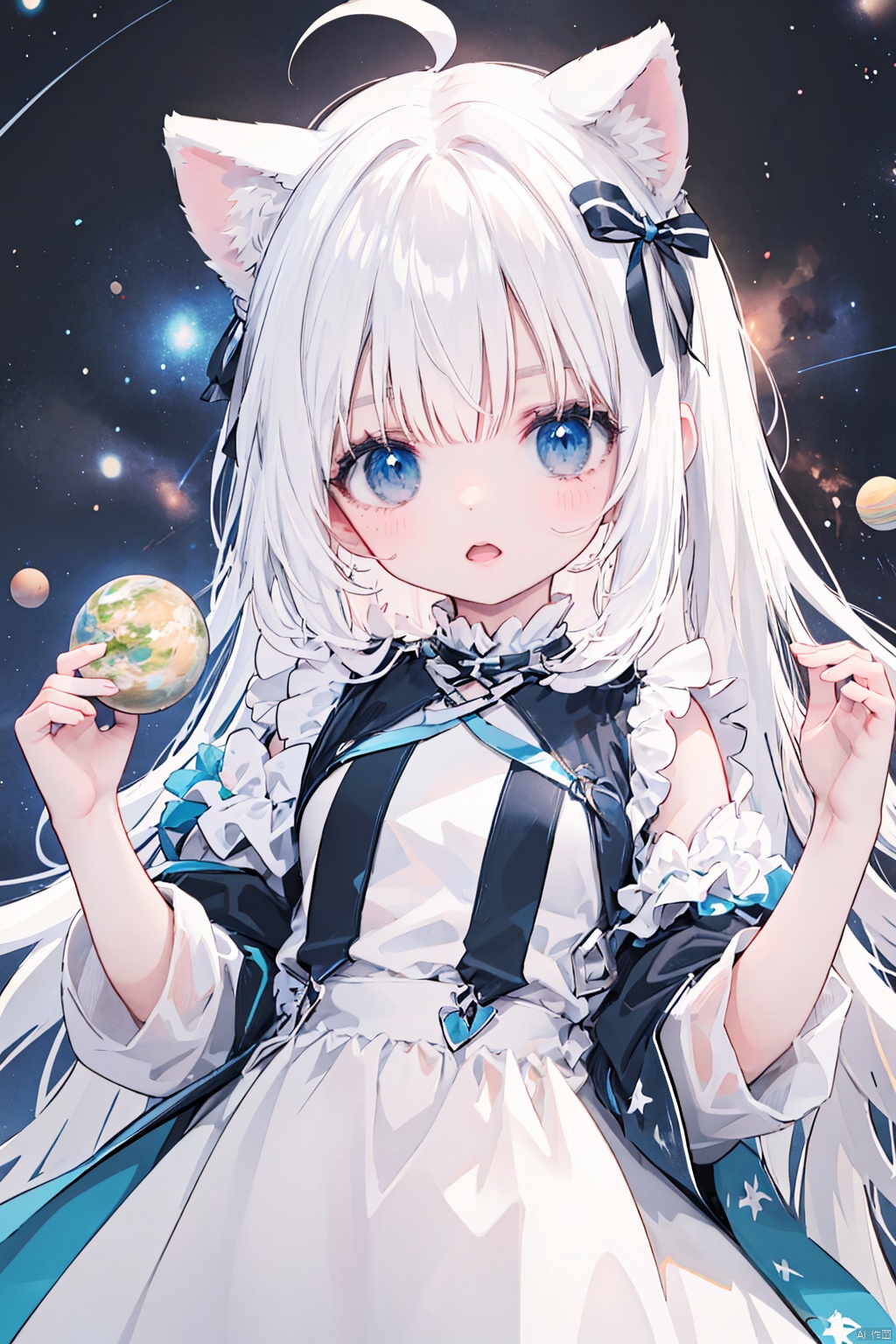  spacegts,upper body,1girl, cat ears,(((white color))) dress:1.7,large breasts, white_thighhighs , giantess,giantess,oppai loli,space background,holding small earth:1.3
,loli,kawaii
