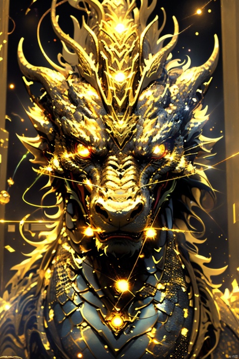 best quality，masterpiece，Gamma Dragon King: The most awe inspiring presence in the crypto kingdom, with its golden scales shining with dazzling light, and its eyes capable of emitting precise laser beams and powerful gamma rays that can penetrate any obstacle. Not just guardians, ensuring the prosperity of the kingdom. (Requires laser eye, gamma ray eye)