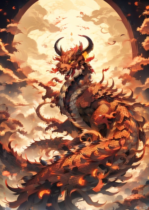  (\long yun heng tong\), eastern dragon, red eyes, glowing, glowing eyes, no humans, open mouth, horns, teeth, scales, fire, (\long yun heng tong\)