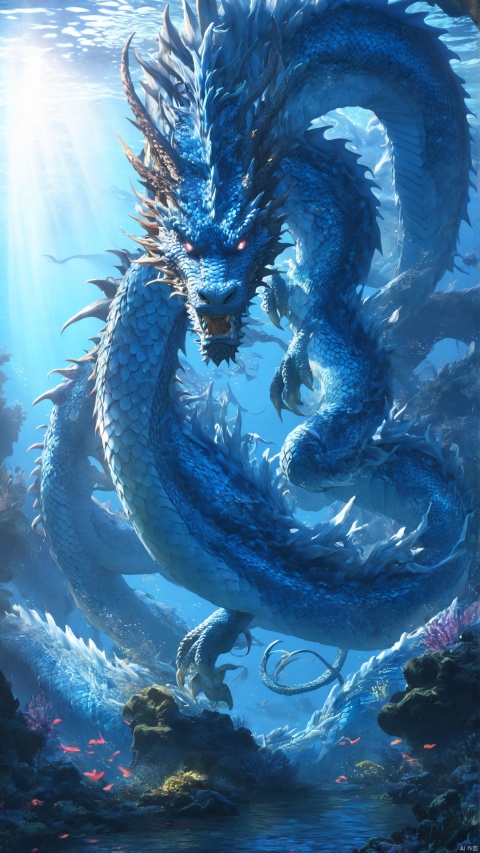  /long/dragon, oriental dragon, blue eyes, horns, scales, (hyper-realistic), glowing eyes, claws, antlers, mysterious underwater background