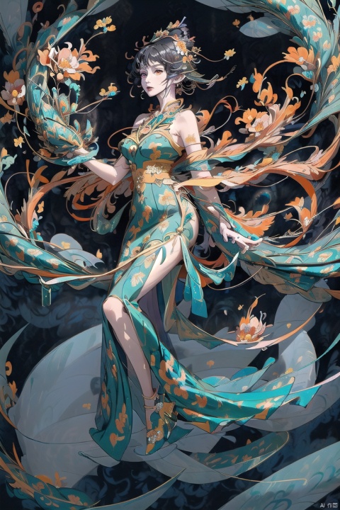 Numerous Flowers Fashion, 1 Dragon, Girl Body, With A Pair Of Suzaku Phoenix Big Wings On Shoulder, Sparkling, Solo, Dress, Black Hair, Flower, Aqua Dress, Blue Dress, Looking At The Viewer, Floral Background, Sleeveless, Reality, Parted Lips