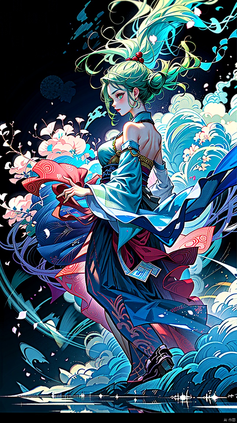  animation poster, big view, up view, green water waves and 1girl with green hair and green cloth:1 , lively posture, facing the audience, wear green hanfu cloth, in the style of green and cyan, green lantern, green temple, battle pose, dynamic movement, dynamic pose, ,laser, full of imagination, unmatched composition ultra-detailed super high quality, ((a Chinese Dragon:1) in back background), eastern_dragon