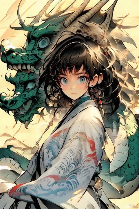  A Chinese girl in traditional red Hanfu, a dragon hovering above her head. Her hair is blowing in the wind, her eyes are firm and deep, as if telling an ancient story. The background is a starry night sky, adding a mysterious and romantic atmosphere. High quality image, intricate details, sharp focus, dramatic lighting, photorealistic painting art by Gregory Manchess and Jeremy Mann., tm, national tide, eastern dragon