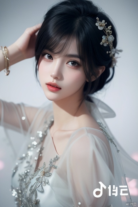 Numerous Flowers Fashion, 1 Dragon, Girl Body, With A Pair Of Suzaku Phoenix Big Wings On Shoulder, Sparkling, Solo, Dress, Black Hair, Flower, Aqua Dress, Blue Dress, Looking At The Viewer, Floral Background, Sleeveless, Reality, Parted Lips