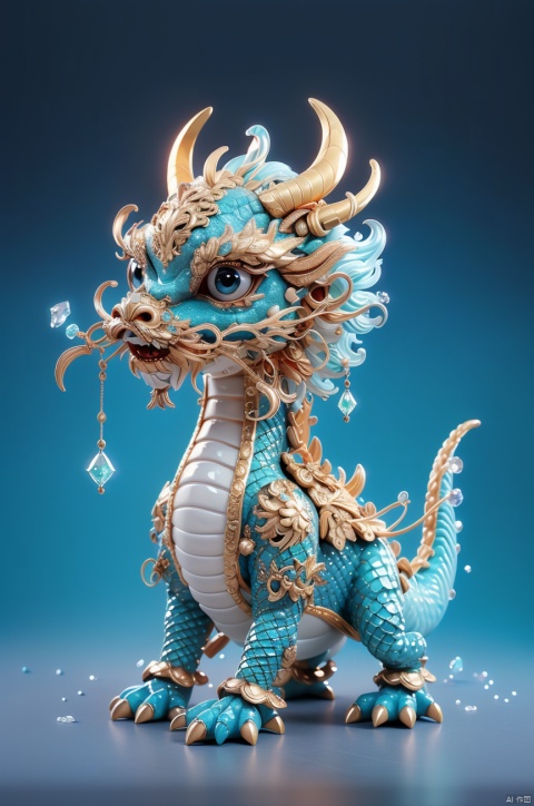  (Masterpiece, top quality, best quality, Official art, beauty and aesthetic :1.2), dragon, made of emeralds, carved in gold, model, very beautiful, aesthetic, crystal, eyes especially shiny, surface polished with natural gloss very transparent and beautiful, blue crystal material, blue emerald, crystal clear eyes, shining. Very divine. Big eyes shining in a cup of Chinese ware