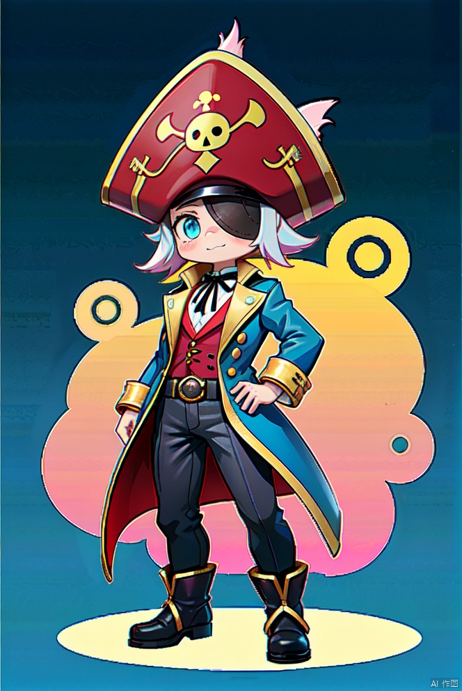  1cat, pirate captain's single-eye eyepatch, one-eyed cat captain wearing captain's clothing and a captain's tricorn hatpokemon_\(creature\), solo, full_body, Standing, gradient_background,