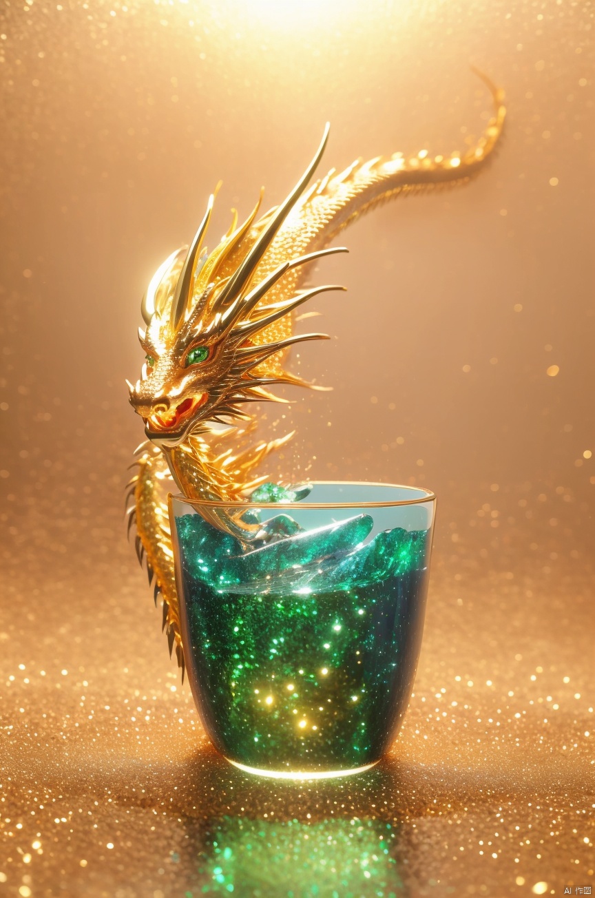  (Masterpiece, top quality, best quality, Official art, beauty and aesthetic :1.2), dragon, made of emeralds, carved in gold, model, very beautiful, aesthetic, crystal, eyes especially shiny, surface polished with natural gloss very transparent and beautiful, blue crystal material, blue emerald, crystal clear eyes, shining. Very divine. Big eyes shining in a cup of Chinese ware