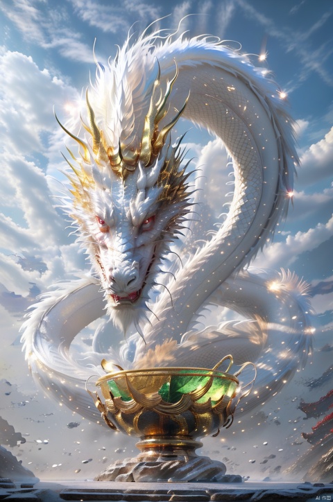  (Masterpiece, top quality, best quality, Official art, beauty and aesthetic :1.2), dragon, made of emeralds, carved in gold, model, very beautiful, aesthetic, crystal, eyes especially shiny, surface polished with natural gloss very transparent and beautiful, blue crystal material, blue emerald, crystal clear eyes, shining. Very divine. Big eyes shining in a cup of Chinese ware