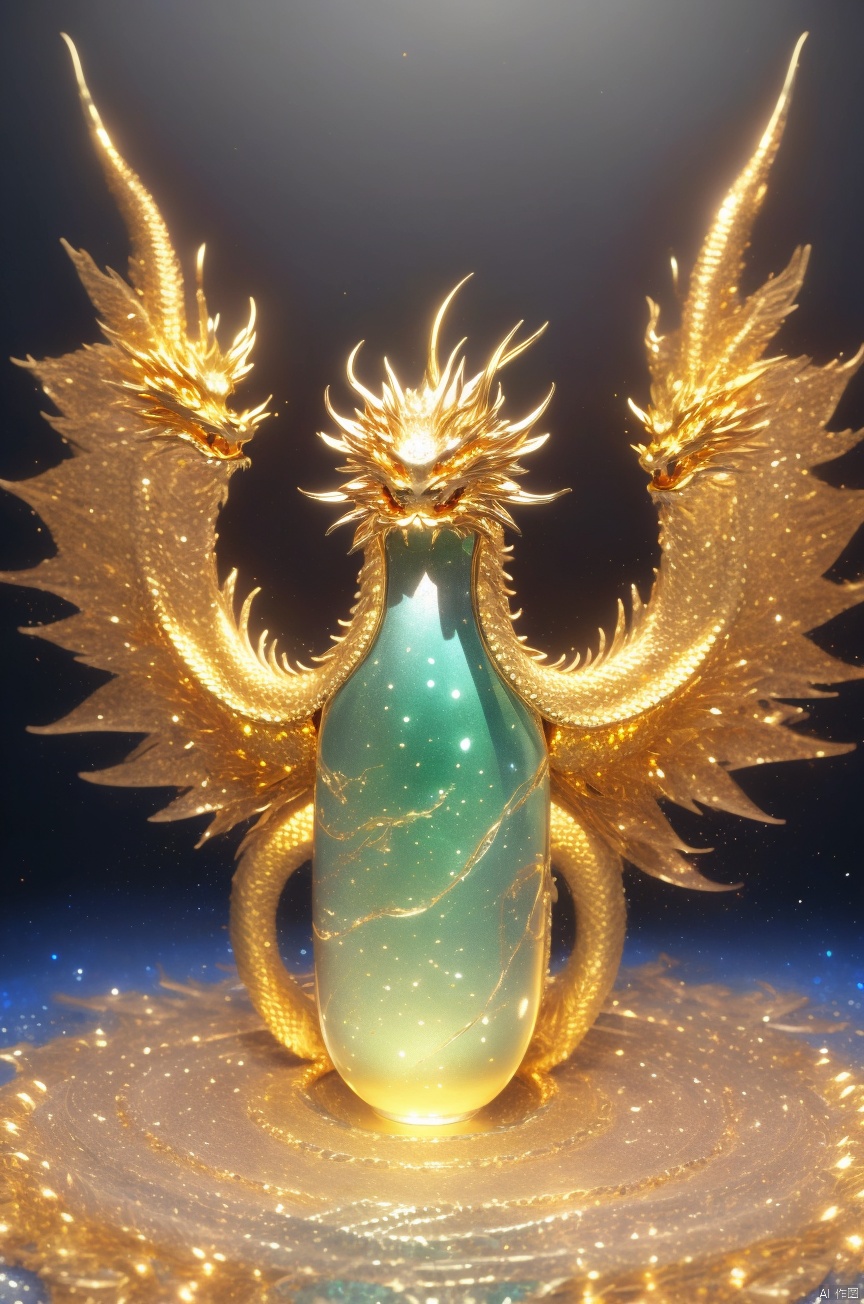  (Masterpiece, top quality, best quality, Official art, beauty and aesthetic :1.2), dragon, made of emeralds, carved in gold, model, very beautiful, aesthetic, crystal, eyes especially shiny, surface polished with natural gloss very transparent and beautiful, blue crystal material, blue emerald, crystal clear eyes, shining. Very divine. Big eyes shining in a cup of Chinese ware