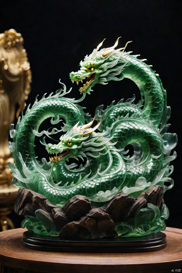 Translation support provided by wechat
(Masterpiece, top quality, Best quality, Official Art, Beauty and Aesthetic: 1.2), Dragon, made of emerald, carved in gold, model, very pretty, aesthetic, crystal, surface polished with natural gloss, very transparent and beautiful, emerald material