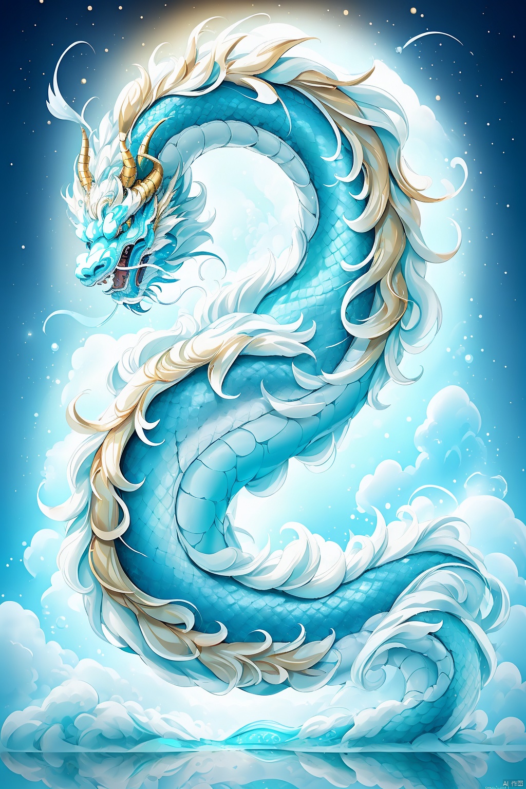  Surrealist photography, top view, Oriental
mythology,Freeze,hovering in sparkling light blue water a ice blue Chinese dragon,its long eyelashes and golden dragon horns, glittering dragon scales, fluffy texture, incredibly clear shallow water, surrounded by white mist, Large blue ice maked lotus floating on the water,Gold foil, polished, perfect curves, sunlight, Blue glare, sacred, natural, real, high detail, clean, Simple, best picture quality, in Asai Miki style, David Nordahl, naturalistic aesthetic, fast shutter speed,14mm lens, perfect composition, 8k HD, masterpiece