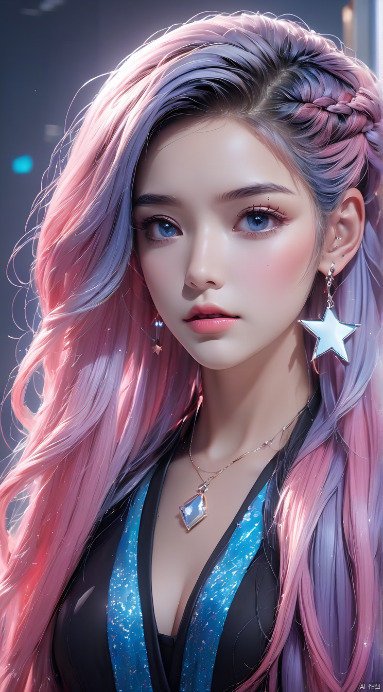  (best quality),(masterpiece),1boy, solo, braid, jewelry, pink hair, necklace, multicolored hair, white background, looking at viewer, eyelashes, simple background, parted lips, earrings, multiple braids, upper body, blue eyes, star (symbol), long hair, lips, collarbone, forehead, nose, makeup, mole, pink lips, dress, multicolored clothes, realistic, mascara