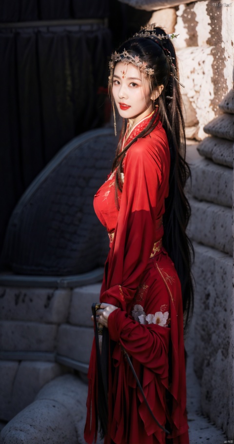  1girl, weapon, solo, sword, holding, holding weapon, black hair, dress, hair ornament, sheath, red dress, ponytail, chinese clothes, holding sword, long hair, upper body, jewelry, hanfu,,NSFW,nude, Fake breasts, NSFW