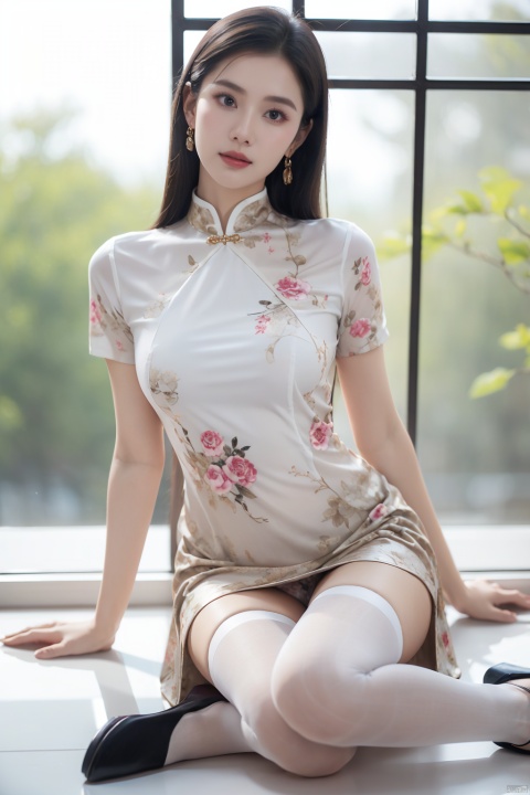  1girl,solo,perfect face,look at viewer,sitting,
black china dress,chinese clothes,short sleeves, floral print ,white lace gloves,white pantyhose, high heels,
masterpiece, best quality, highly detailed,nsfw,nsfw