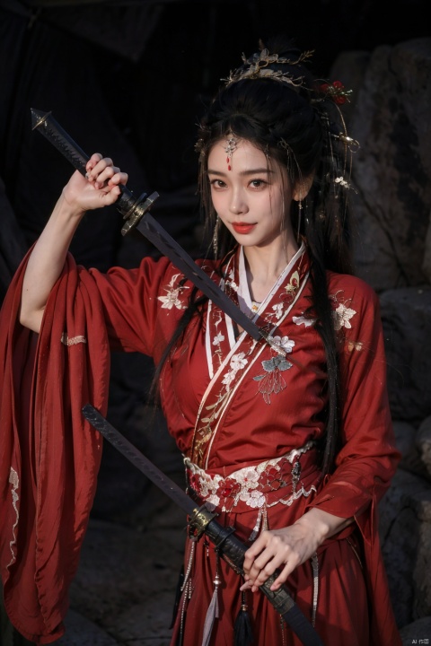  1girl, weapon, solo, sword, holding, holding weapon, black hair, dress, hair ornament, sheath, red dress, ponytail, chinese clothes, holding sword, long hair, upper body, jewelry, hanfu,,NSFW,nude, Fake breasts, NSFW, Pee, angel