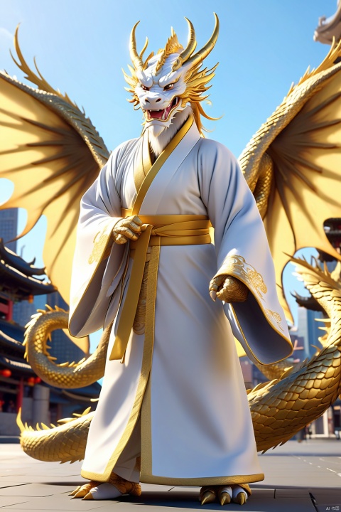  full body,Handsome Chinese dragon, white and gold basedancient Chinese robe, fluffy fur, cute features,A halo floating on the head,,Beautiful mechanical wings,The bustling urban background, front, character IP design, 3D, OC rendering,C4D,cinematic lighting, ray tracing, Extreme viewing angle, fisheye lens,UHD, anatomicallycorrect,ccurate, super detail, high details, best quality, 16k