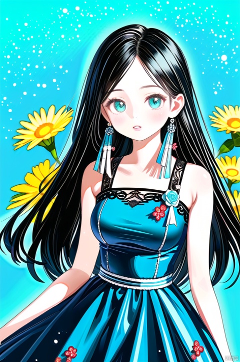 sd_mai, fanhuashijin, 1girl, solo, dress, black hair, flower, aqua dress, blue dress, looking at viewer, floral background, sleeveless, realistic, parted lips, sleeveless dress 