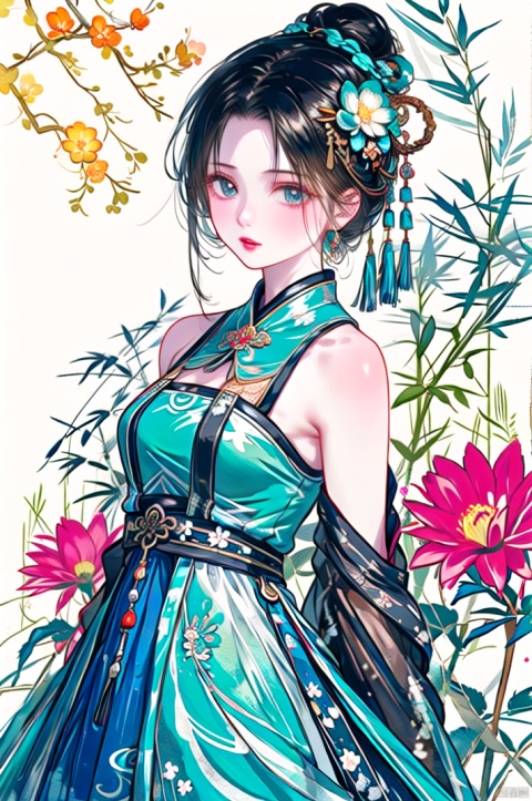  sd_mai, fanhuashijin, 1girl, solo, dress, black hair, flower, aqua dress, blue dress, looking at viewer, floral background, sleeveless, realistic, parted lips, sleeveless dress