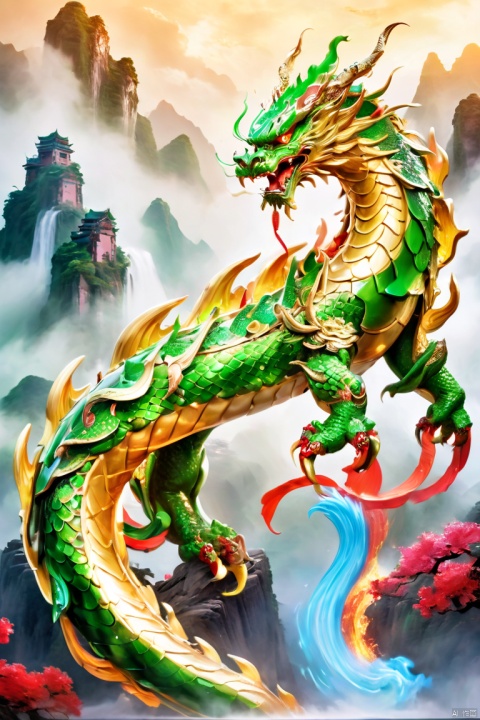  
This article is 80 meters tall wearing a green armor emperor dragon, head like majesty, eyes have a flash of Dragon Ball, like colorful Baozhu, belly like mirage, scales like fish, holding a sharp blade, body like ah Luo scene, "secular painting dragon elephant, shoulder behind a pair of laser Suzaku phoenix wings"
Has a high internal force when fighting like a human Chinese dragon, his wings shine