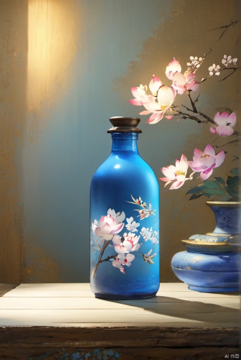  xihuwen, cold color style, blue bottle, front product, bottle placed on wood, wood, flowers, left light, commercial photography, 8K, blue theme, simple branch light and shadow background on the left side
