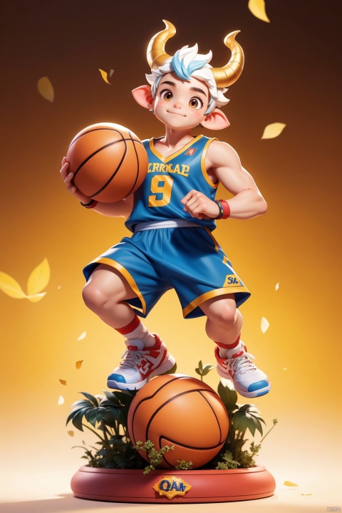  1 boy, white reggae head, (Q version :1.2), 3 heads, IP, horns, animal hair, blush, solo, Slam Dunk, wearing a blue basketball jersey, white background