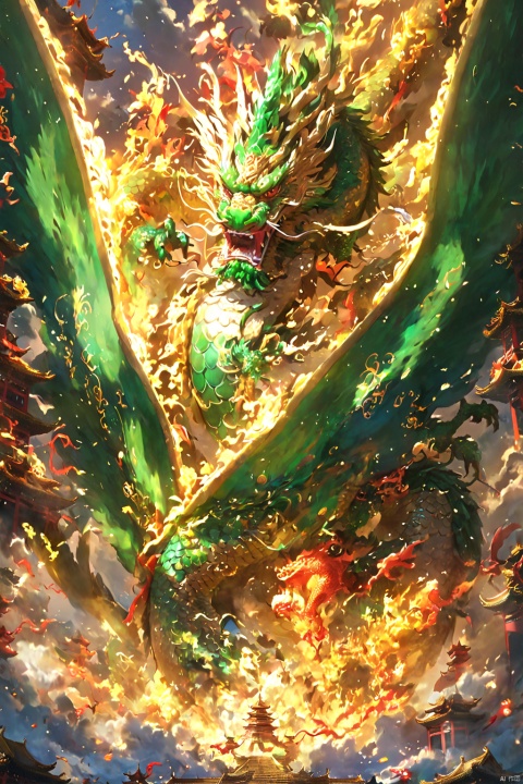  
This article is 80 meters tall wearing a green armor emperor dragon, head like majesty, eyes have a flash of Dragon Ball, like colorful Baozhu, belly like mirage, scales like fish, holding a sharp blade, body like ah Luo scene, "secular painting dragon elephant, shoulder behind a pair of laser Suzaku phoenix wings"
Has a high internal force when fighting like a human Chinese dragon, his wings shine