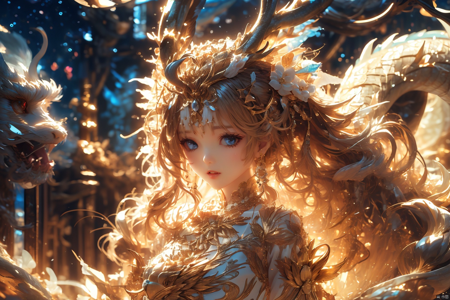  {{best quality}}, {{masterpiece}}, {{ultra-detailed}}, {illustration}, {detailed light}, {an extremely delicate and beautiful}, a girl, {beautiful detailed eyes}, stars in the eyes, messy floating hair, colored inner hair, Starry sky adorns hair, depth of field, 1girl,pink hair, long hair,twintails,hair rings,hair ornament,forehead jewel, drakan_longdress_dragon crown_headdress, Dragon and girl