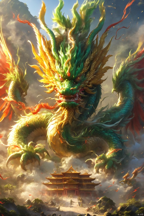  
This article is 80 meters tall wearing a green armor emperor dragon, head like majesty, eyes have a flash of Dragon Ball, like colorful Baozhu, belly like mirage, scales like fish, holding a sharp blade, body like ah Luo scene, "secular painting dragon elephant, shoulder behind a pair of laser Suzaku phoenix wings"
Has a high internal force when fighting like a human Chinese dragon, his wings shine