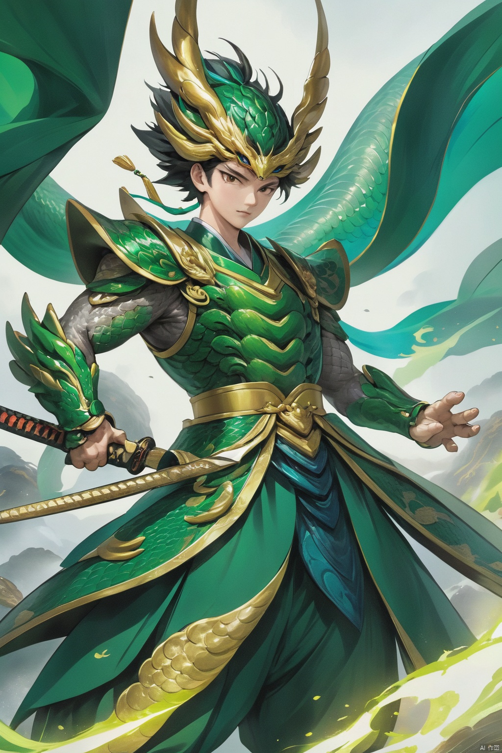  
This article is 80 meters tall wearing a green armor emperor dragon, head like majesty, eyes have a flash of Dragon Ball, like colorful Baozhu, belly like mirage, scales like fish, holding a sharp blade, body like ah Luo scene, "secular painting dragon elephant, shoulder behind a pair of laser Suzaku phoenix wings"
Has a high internal force when fighting like a human Chinese dragon, his wings shine