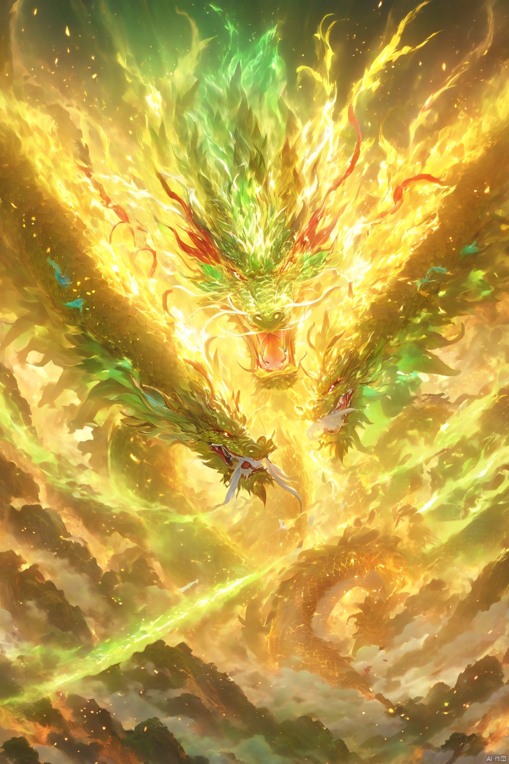  
This article is 80 meters tall wearing a green armor emperor dragon, head like majesty, eyes have a flash of Dragon Ball, like colorful Baozhu, belly like mirage, scales like fish, holding a sharp blade, body like ah Luo scene, "secular painting dragon elephant, shoulder behind a pair of laser Suzaku phoenix wings"
Has a high internal force when fighting like a human Chinese dragon, his wings shine