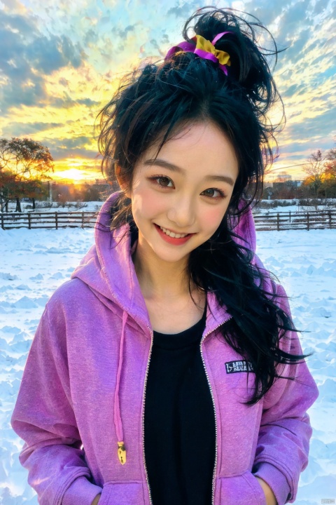 masterpiece, best quality, in autumn, sunset, snow, sky, cityscape, 3girls, little girl, adorable girl, loli, medium hair, black hair, drill hair, high ponytail, hair ornament, hair ribbon, cute face, wink , light smile, grin, brown eyes, hoodie , sportswear, head tilt, 