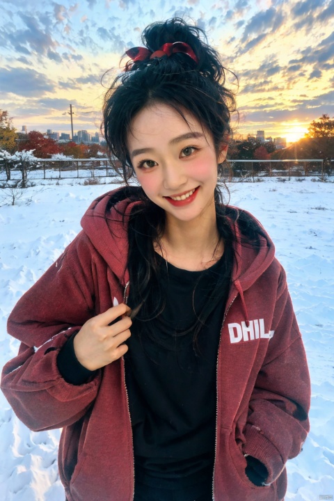 masterpiece, best quality, in autumn, sunset, snow, sky, cityscape, 3girls, little girl, adorable girl, loli, medium hair, black hair, drill hair, high ponytail, hair ornament, hair ribbon, cute face, wink , light smile, grin, brown eyes, hoodie , sportswear, head tilt, 