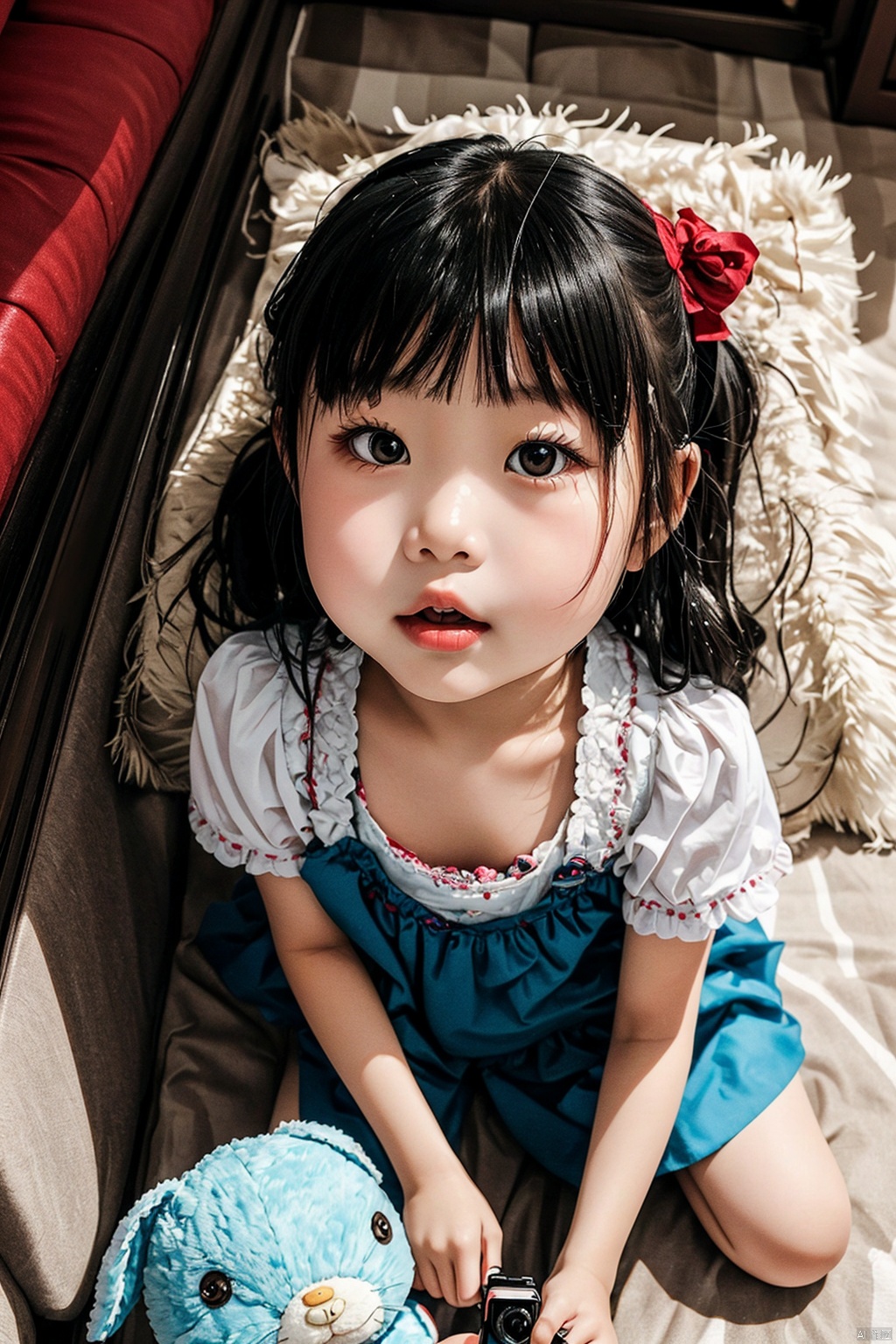  5-year-old Chinese little girl, filmed from a bird's-eye view, holding a plush toy rabbit, medium shot, playing quietly in a bright home, 4K ultra HD, looking at the camera