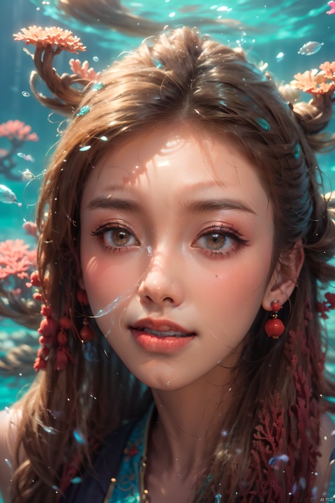  Coral Girl, a woman wearing a headscarf and a bouquet of coral on her head surrounded by water, 1 girl, Hanfu, bubbles, blue eyes, bubbles, earrings, floating hair, exaggerated coral hair, close-up, jewelry, coral on her body, floating hair, lips, lipstick, long hair, makeup, parted lips, red lips, solo, underwater, upper body, water, water, super many corals, dynamic posture, floating hair, Wen Dao Sheng Zun, Multi energy text,Energy pairing,Glowing Text,Transparent text,The Energy Behind Chinese Characters