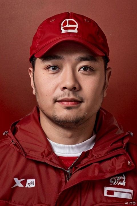 A 38-year-old man, the man's eyes, a male employee working in China Petroleum, wearing a Sinopec gas station cap, a photo ID, red background., Oguri