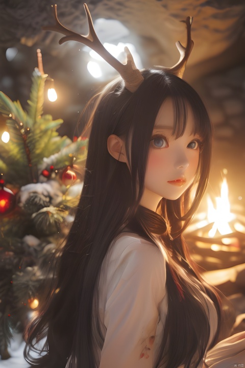 ((Anime)), Santa Claus living in a cave, primitive setting, campfire in the middle, reindeer in the far back, Christmas tree, more detail XL, SFW, solo, closeup shot, Light-electric style
