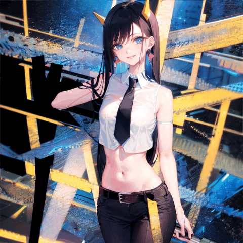 1girl, solo, long hair, breasts, looking at viewer, blush, smile, bangs, blue eyes, shirt, navel, bare shoulders, jewelry, medium breasts, standing, white shirt, upper body, weapon, white hair, short sleeves, cowboy shot, earrings, parted lips, necktie, horns, sleeveless, midriff, collared shirt, belt, stomach, arm up, crop top, black shirt, sleeveless shirt, v, headgear, highleg, red necktie