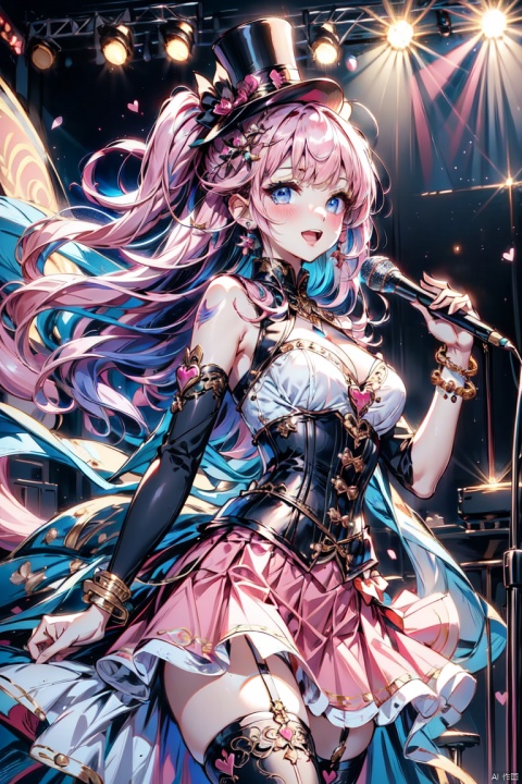 long hair, breasts, looking at viewer, blush, smile, open mouth, bangs, blue eyes, multiple girls, skirt, thighhighs, hat, holding, 2girls, cleavage, bare shoulders, jewelry, medium breasts, standing, pink hair, :d, heart, thighs, cowboy shot, earrings, bracelet, two side up, black headwear, garter straps, microphone, corset, pink skirt, mini hat, top hat, music, holding microphone, idol, mini top hat, showgirl skirt, stage, stage lights