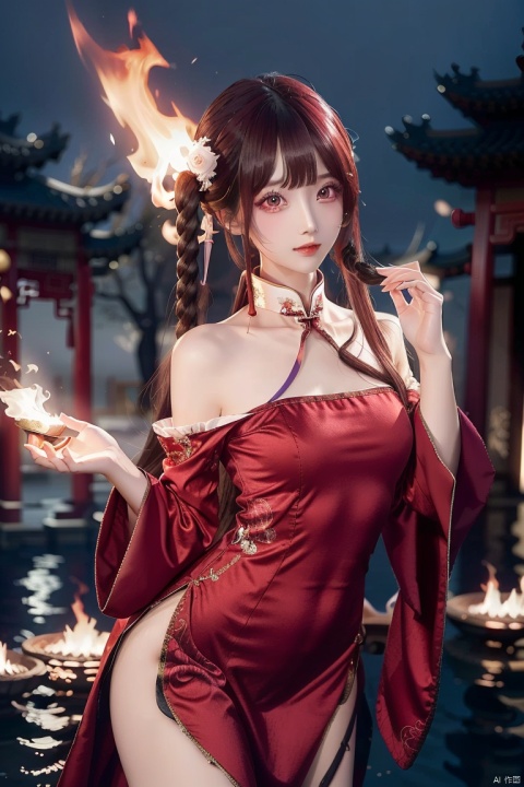 1girl, solo, long hair, looking at viewer, bangs, red eyes, long sleeves, dress, purple eyes, red hair, parted lips, wide sleeves, hands up, floating hair, chinese clothes, red dress, fire