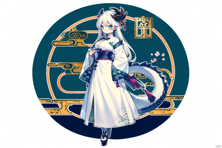 1girl, solo, long hair, breasts, looking at viewer, bangs, blue eyes, hair ornament, long sleeves, dress, jewelry, closed mouth, standing, full body, white hair, earrings, wide sleeves, nail polish, white dress, lips, sash, petals, chinese clothes, own hands together, tassel, dragon, tassel earrings, eastern dragon