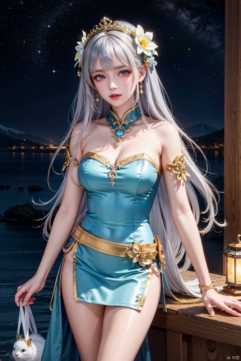 Silver-white hair, red eyes, light blue bow, golden garland, golden decoration and pink flowers on the head, blue bandeau tile face with white cape, white long skirt, fairy, holding white rabbit in her hand, blue belt, light blue streamer, blue shoes with golden bells, Chang'e, ancient style game character,(Ultra high resolution, photo realism, fidelity,Volumetric light, best quality, photo fidelity), (8k, original photo, highest quality, masterpiece), (photon mapping,Intense halos, light, sunlight. lamplight, radiosity, physics based rendering, automatic white balance),CG, unity, wallpaper, official art, amazing, exquisite detail, extremely exquisite beauty, extremely detailed, highly detailed, Clear focus, (real person, photo), (high detail skin, visible pores),(((1man))), (whole body),beautiful,Beautiful face,hair ornament,Antique game background, blue background, Tiangong, Xianchi, Yao Pond, fairy background, sdmai, chijian,, ((Binding)), hydress-hair ornaments, xiaoyemao, jewelry, dofas, nai3, Dragon and girl, Anchorage ( Moonlit Boat Ride), mLD,天启
