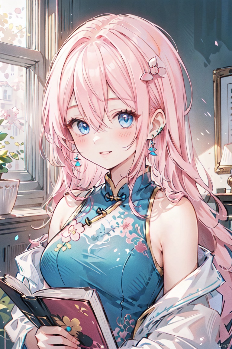 1girl, solo, long hair, breasts, looking at viewer, blush, smile, bangs, blue eyes, hair ornament, dress, hair between eyes, jewelry, medium breasts, upper body, pink hair, earrings, parted lips, indoors, off shoulder, book, window, chinese clothes, hair intakes, ink style, backlight