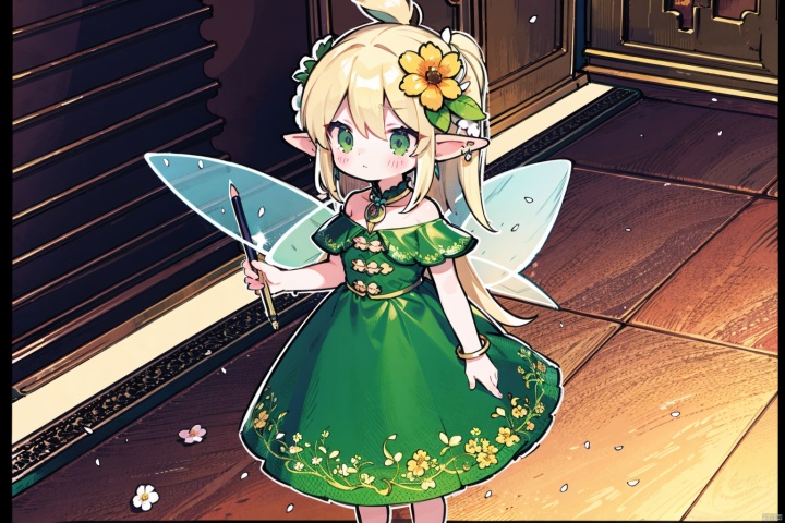 1girl, solo, long hair, blonde hair, hair ornament, dress, holding, jewelry, closed mouth, flower, white hair, earrings, wings, pointy ears, indoors, hair flower, bracelet, petals, blue dress, elf, pink flower, green dress, fairy wings, holding flower, fairy, lvshui-green dress, qzfp, Chinese style, Pencil hand drawing,concept design